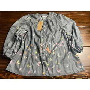 TENDENCY Shirt, Women's Size Large, Gray, Butterfly, 3.4 Sleeve, NWT